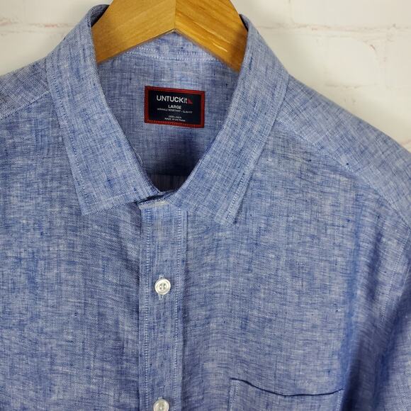 Untuckit Mens 100% Linen Vin Santo Long Sleeve Button Up Shirt L Blue Slim Fit - Picture 7 of 16